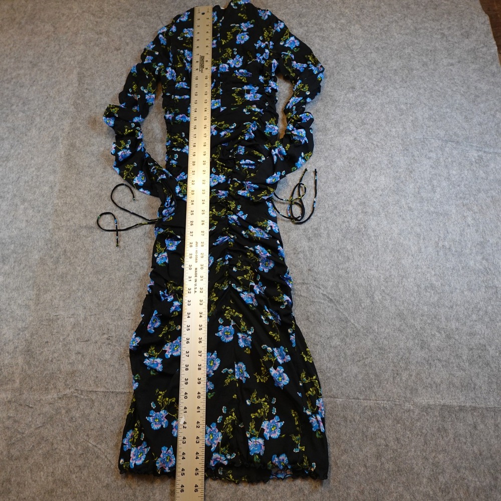 Diane von Furstenberg Dress Women Large Black Floral Rochelle Midi Mesh Ruched - Picture 8 of 11